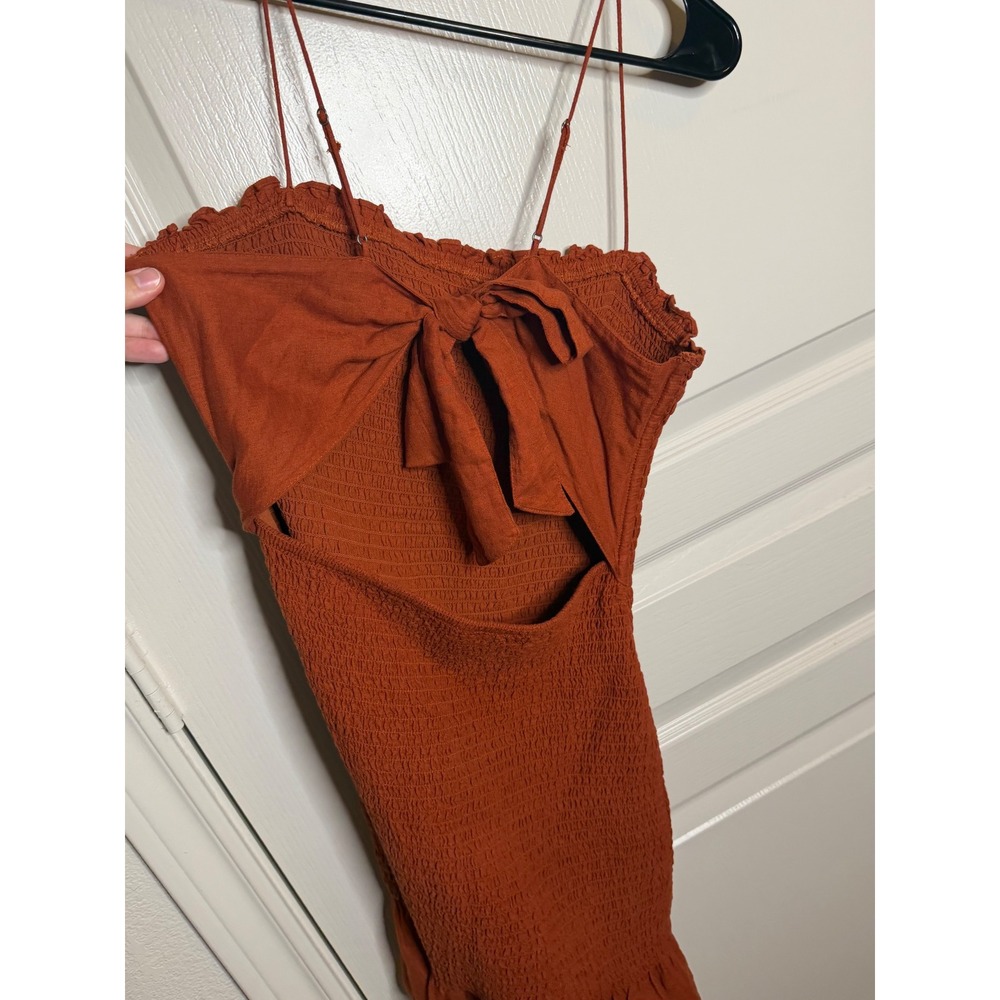 Abercrombie & Fitch M Smocked Mini Dress Boho Rust Orange Fall Back Tie Ruffles - Picture 6 of 7